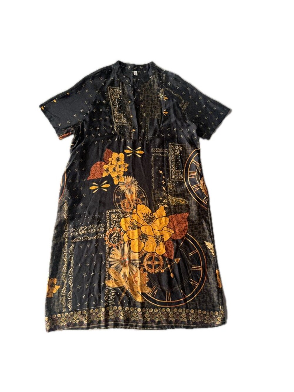 Black Floral Clock Print Short Sleeve Midi Dress Boho